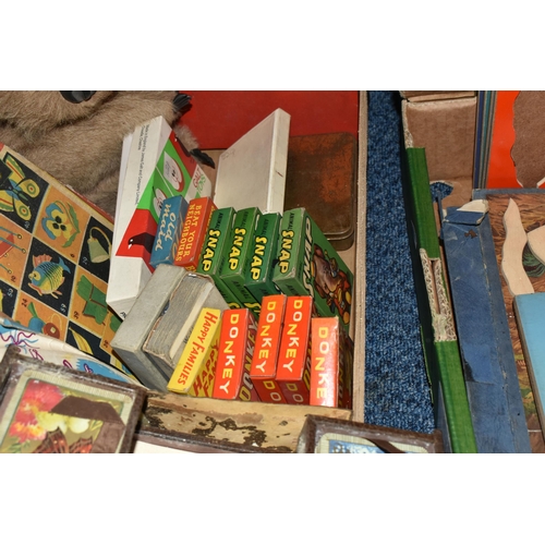 483 - THREE BOXES AND LOOSE VINTAGE CHILDRENS TOYS, GAMES, AND JIGSAWS to include four packs of Donkey Car... 