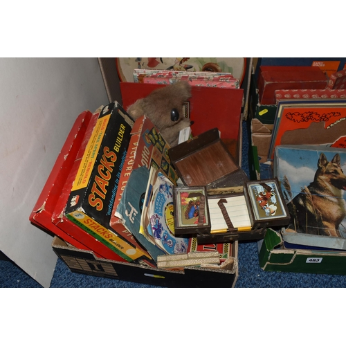 483 - THREE BOXES AND LOOSE VINTAGE CHILDRENS TOYS, GAMES, AND JIGSAWS to include four packs of Donkey Car... 