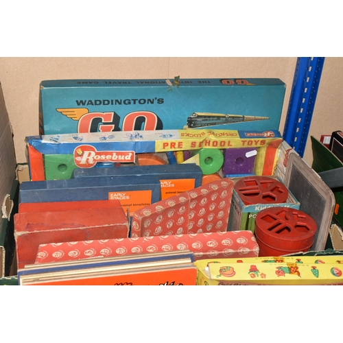 483 - THREE BOXES AND LOOSE VINTAGE CHILDRENS TOYS, GAMES, AND JIGSAWS to include four packs of Donkey Car... 