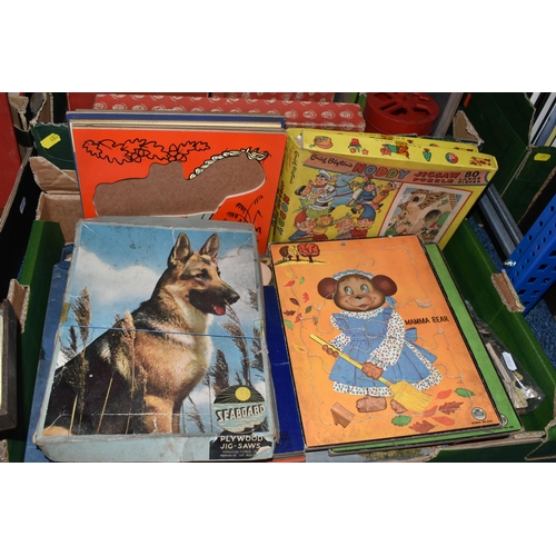 483 - THREE BOXES AND LOOSE VINTAGE CHILDRENS TOYS, GAMES, AND JIGSAWS to include four packs of Donkey Car... 