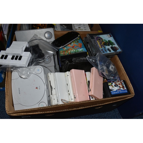 484 - TWO BOXES OF CONSOLES AND GAMES comprising three PlayStation One, a PSone, a Sega Mega Drive II, a P... 