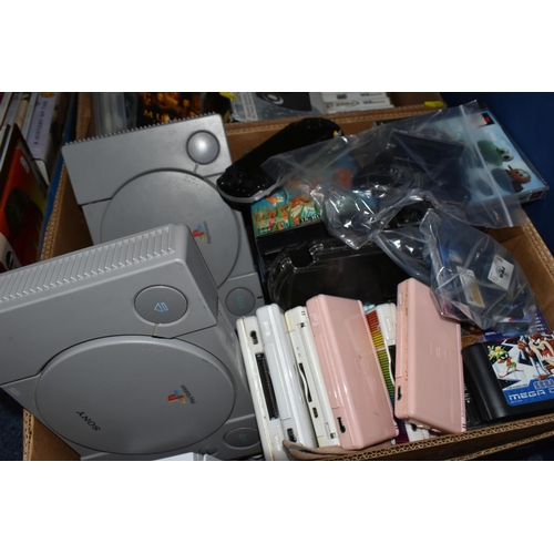 484 - TWO BOXES OF CONSOLES AND GAMES comprising three PlayStation One, a PSone, a Sega Mega Drive II, a P... 