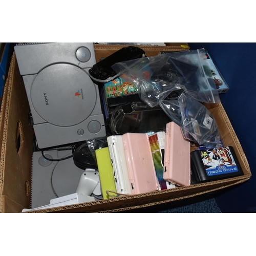 484 - TWO BOXES OF CONSOLES AND GAMES comprising three PlayStation One, a PSone, a Sega Mega Drive II, a P... 