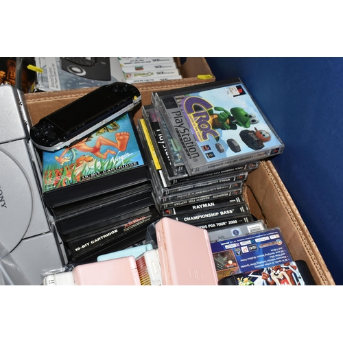 484 - TWO BOXES OF CONSOLES AND GAMES comprising three PlayStation One, a PSone, a Sega Mega Drive II, a P... 