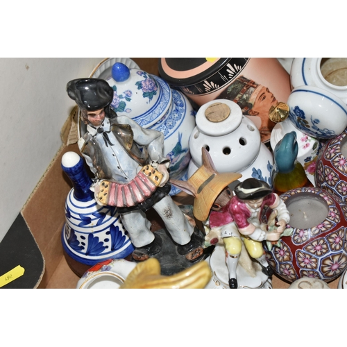 492 - TWO BOXES OF MISCELLANEOUS CERAMICS AND SUNDRIES, to include decorative sea shells, blue studio pott... 