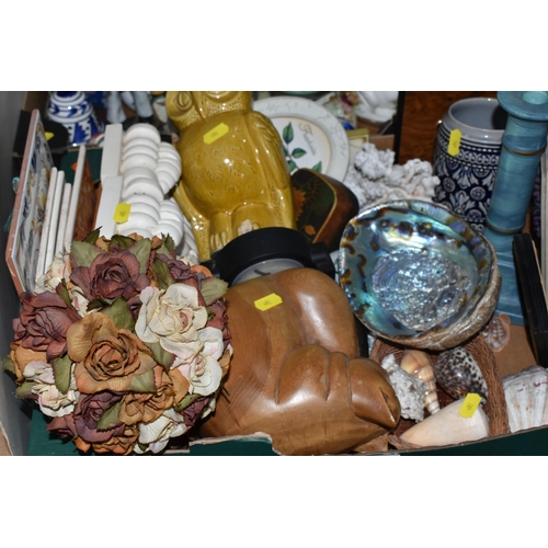 492 - TWO BOXES OF MISCELLANEOUS CERAMICS AND SUNDRIES, to include decorative sea shells, blue studio pott... 