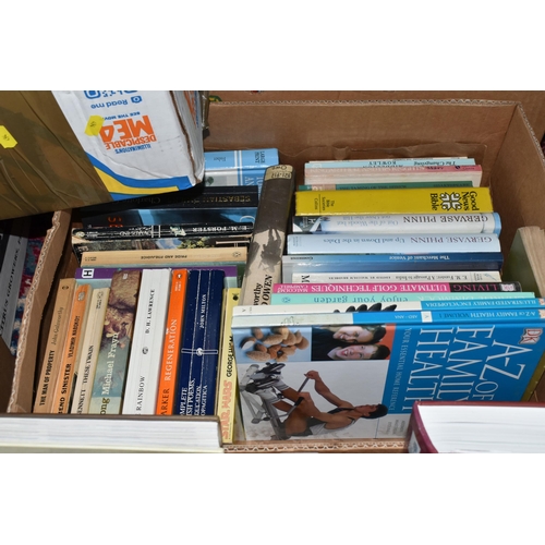 494 - FIVE BOXES OF BOOKS, subjects to include gardening, fiction, autobiographies, children's stories, an... 