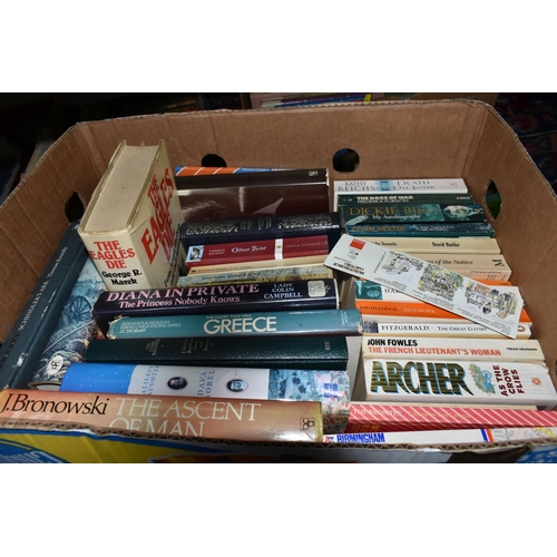 494 - FIVE BOXES OF BOOKS, subjects to include gardening, fiction, autobiographies, children's stories, an... 