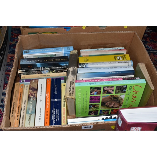 494 - FIVE BOXES OF BOOKS, subjects to include gardening, fiction, autobiographies, children's stories, an... 