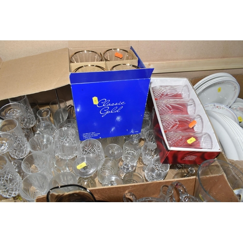 496 - SIX BOXES OF MIXED GLASSWARE AND CERAMICS to include two boxes of mostly clear glassware comprising ... 