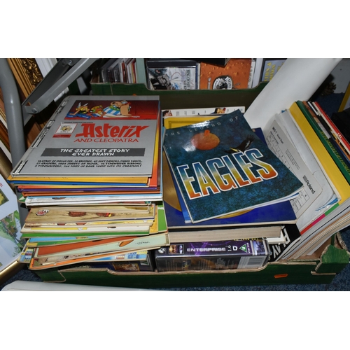 514 - THREE BOXES OF MISCELLANEOUS ITEMS to include a collection of approximately thirty Asterix graphic b... 