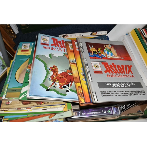 514 - THREE BOXES OF MISCELLANEOUS ITEMS to include a collection of approximately thirty Asterix graphic b... 