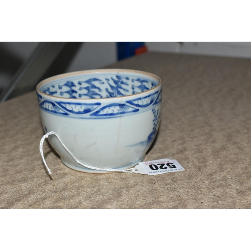 520 - A BLUE AND WHITE ANTIQUE CHINESE BOWL with decorative scene to the exterior side and a three dot sym... 