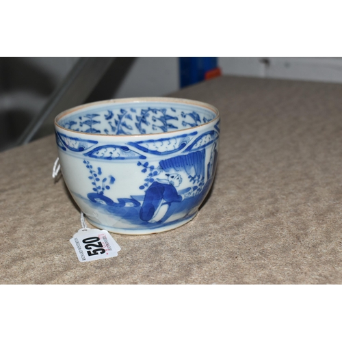 520 - A BLUE AND WHITE ANTIQUE CHINESE BOWL with decorative scene to the exterior side and a three dot sym... 