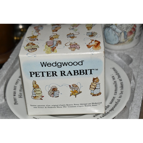 523 - ONE BOX AND LOOSE METALWARES AND WEDGWOOD PETER RABBIT ITEMS to include a box of assorted brass and ... 