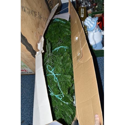 524 - TWO BOXES AND LOOSE CHRISTMAS DECORATIONS to include a boxed 1.65m tree, two wooden crates with an a... 