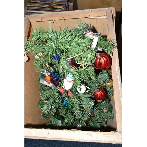 524 - TWO BOXES AND LOOSE CHRISTMAS DECORATIONS to include a boxed 1.65m tree, two wooden crates with an a... 