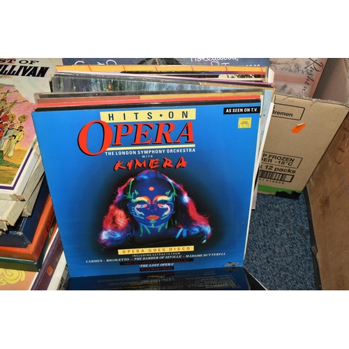 525 - THREE BOXES AND LOOSE MOSTLY MUSICAL, CLASSICAL AND SOUNDTRACK LPS to include approximately two hund... 