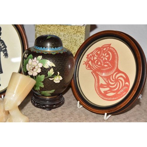 529 - A GROUP OF MIXED ASSORTED SOUVENIR ORNAMENTS to include two framed oriental inspired pictures, a box... 