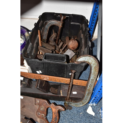 532 - TWO BOXES AND LOOSE MISCELLANEOUS ITEMS to include a box of vintage rusted tools comprising saws, pl... 