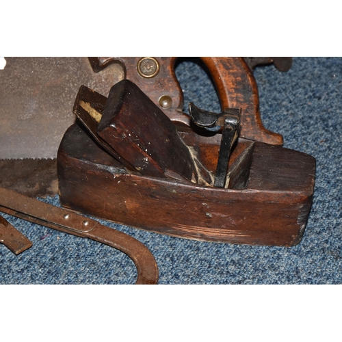 532 - TWO BOXES AND LOOSE MISCELLANEOUS ITEMS to include a box of vintage rusted tools comprising saws, pl... 