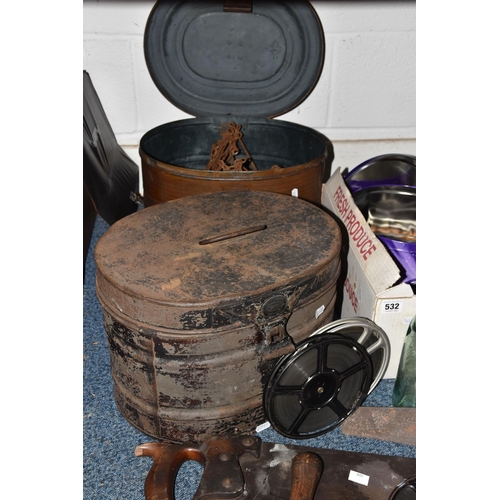 532 - TWO BOXES AND LOOSE MISCELLANEOUS ITEMS to include a box of vintage rusted tools comprising saws, pl... 