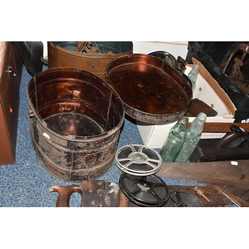 532 - TWO BOXES AND LOOSE MISCELLANEOUS ITEMS to include a box of vintage rusted tools comprising saws, pl... 