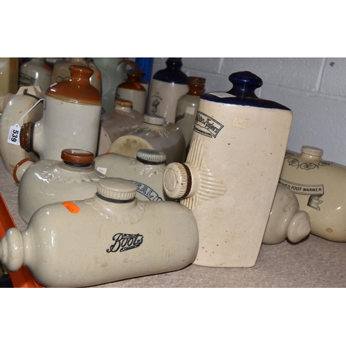 539 - A LARGE QUANTITY OF STONEWARE FOOT WARMERS, comprising twenty assorted foot warmers, maker's names i... 