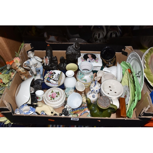 540 - FOUR BOXES OF CERAMICS AND ORNAMENTS, to include a quantity of studio pottery figures, German beer s... 