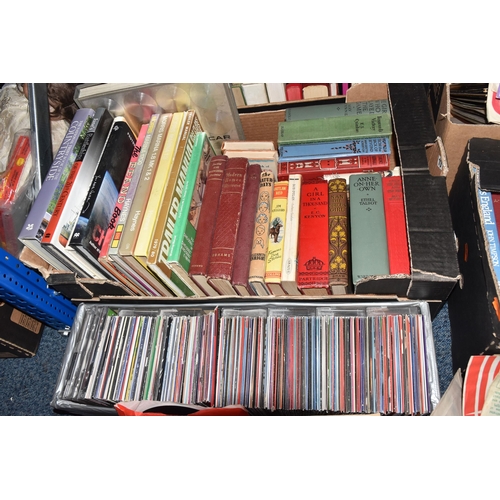 543 - SEVEN BOXES OF BOOKS, FOOTBALL PROGRAMMES, LPS AND SINGLE VINYL RECORDS, to include over fifty LP re... 