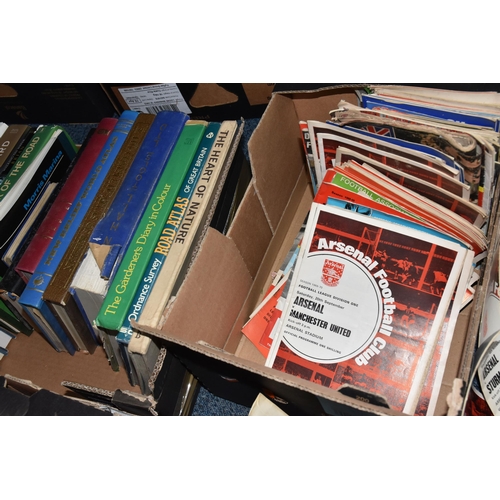 543 - SEVEN BOXES OF BOOKS, FOOTBALL PROGRAMMES, LPS AND SINGLE VINYL RECORDS, to include over fifty LP re... 