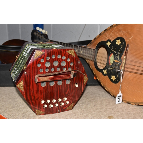 546 - A GROUP OF MUSICAL INSTRUMENTS, comprising a flat back Mandolin (Mandola), length 63cm, a Concertina... 