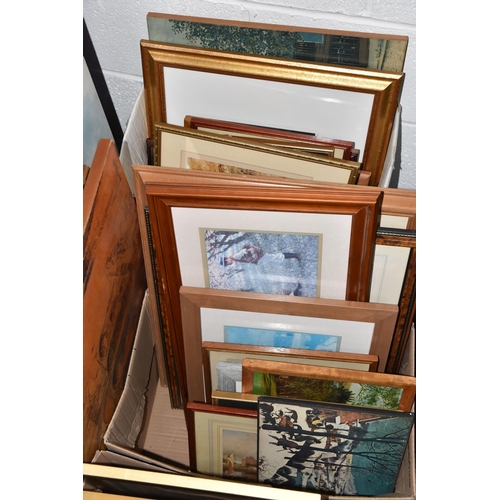 551 - THREE BOXES AND LOOSE FRAMED PICTURES AND PRINTS,  together with a modern boxed wall clock (s.d) (3 ... 