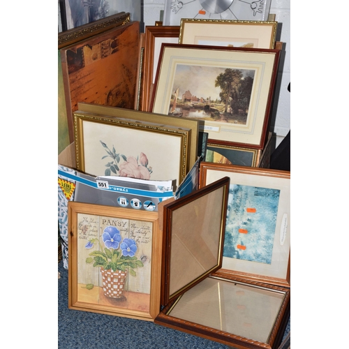 551 - THREE BOXES AND LOOSE FRAMED PICTURES AND PRINTS,  together with a modern boxed wall clock (s.d) (3 ... 