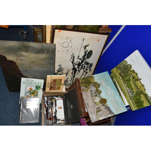 552 - TWO BOXES AND LOOSE VINTAGE AND MODERN PAINTINGS, to include a damaged oil on canvas depicting a roc... 