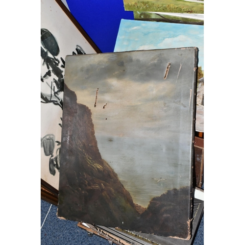 552 - TWO BOXES AND LOOSE VINTAGE AND MODERN PAINTINGS, to include a damaged oil on canvas depicting a roc... 