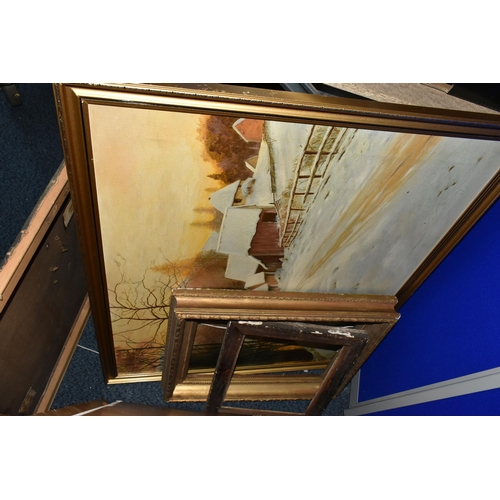 552 - TWO BOXES AND LOOSE VINTAGE AND MODERN PAINTINGS, to include a damaged oil on canvas depicting a roc... 