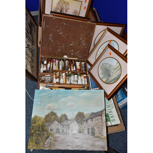 552 - TWO BOXES AND LOOSE VINTAGE AND MODERN PAINTINGS, to include a damaged oil on canvas depicting a roc... 