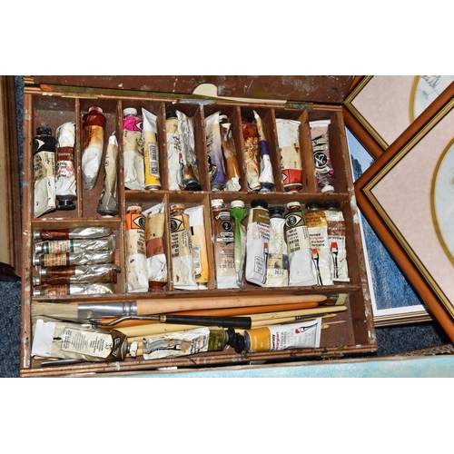 552 - TWO BOXES AND LOOSE VINTAGE AND MODERN PAINTINGS, to include a damaged oil on canvas depicting a roc... 