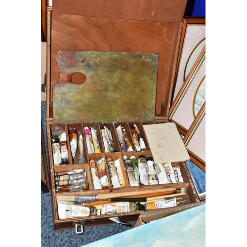 552 - TWO BOXES AND LOOSE VINTAGE AND MODERN PAINTINGS, to include a damaged oil on canvas depicting a roc... 