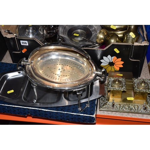 556 - ONE BOX AND LOOSE METALWARE, to include antique silver plated, dome top warming tureen with legs and... 