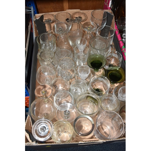 557 - FOUR BOXES AND LOOSE GLASSWARE, to include a large selection of drinks glasses, footed dessert bowls... 