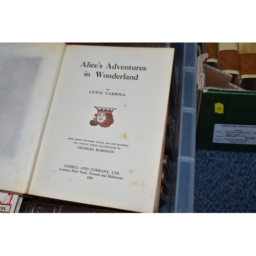 558 - TWO BOXES OF ANTIQUARIAN BOOKS, to include Alice's Adventures in Wonderland by Lewis Carroll with ei... 