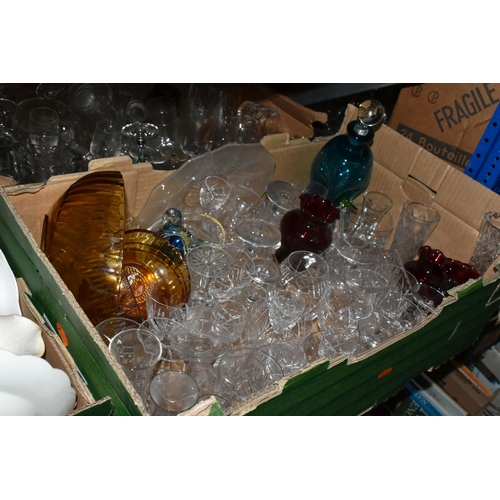 564 - FOUR BOXES AND LOOSE CERAMICS AND GLASSWARE, to include a Chribska pink glass bowl, an amber glass d... 