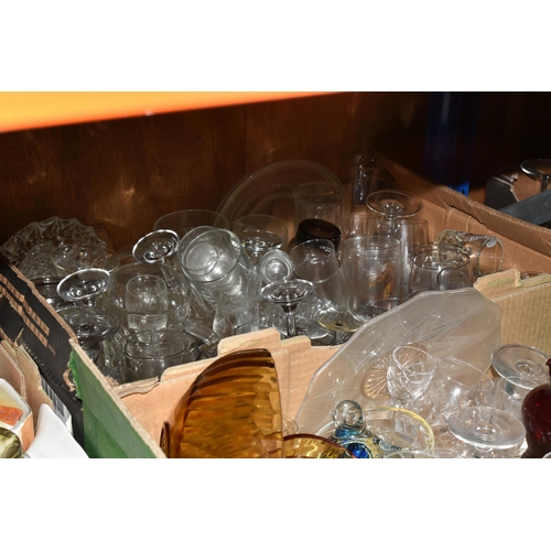 564 - FOUR BOXES AND LOOSE CERAMICS AND GLASSWARE, to include a Chribska pink glass bowl, an amber glass d... 