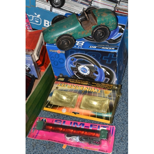 566 - FOUR BOXES OF CDS AND MISCELLANEOUS SUNDRIES, to include a boxed U8 Plus Racer compatible with a Pla... 