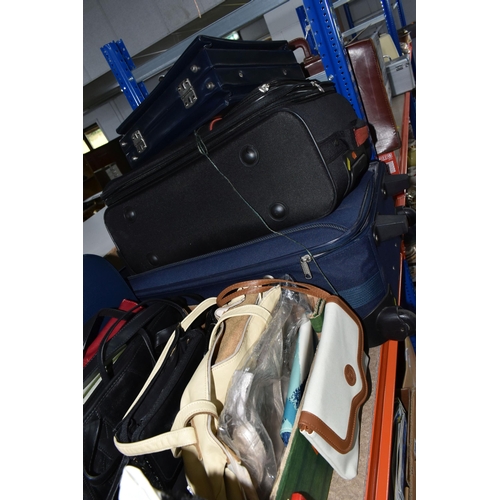 568 - TWO BOXES AND LOOSE HANDBAGS, LUGGAGE AND SOFT TOYS, to include two small wheeled suitcases, largest... 