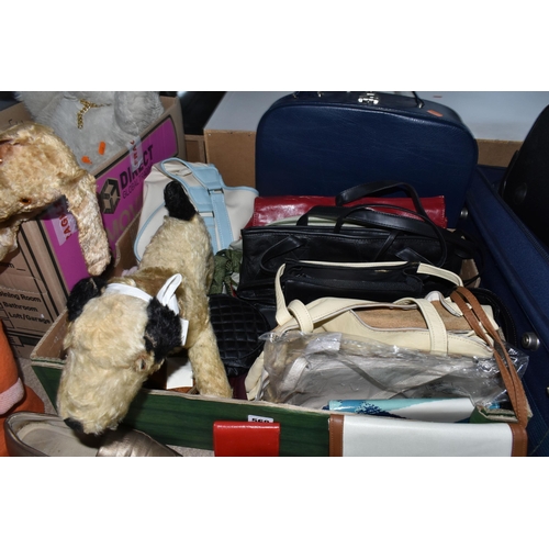 568 - TWO BOXES AND LOOSE HANDBAGS, LUGGAGE AND SOFT TOYS, to include two small wheeled suitcases, largest... 