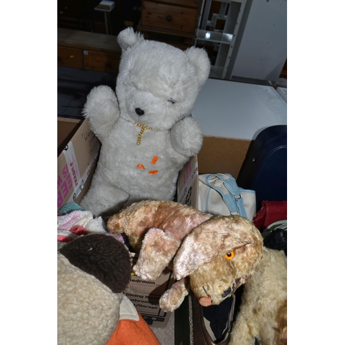 568 - TWO BOXES AND LOOSE HANDBAGS, LUGGAGE AND SOFT TOYS, to include two small wheeled suitcases, largest... 