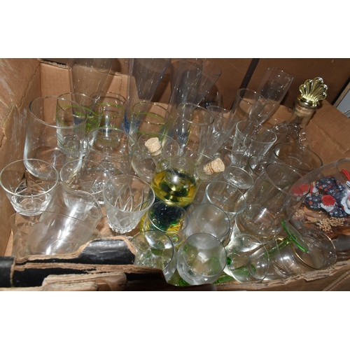 572 - SIX BOXES AND LOOSE CERAMICS AND GLASS WARE, to include an Avondale Glass bud vase, height 10.5cm, a... 